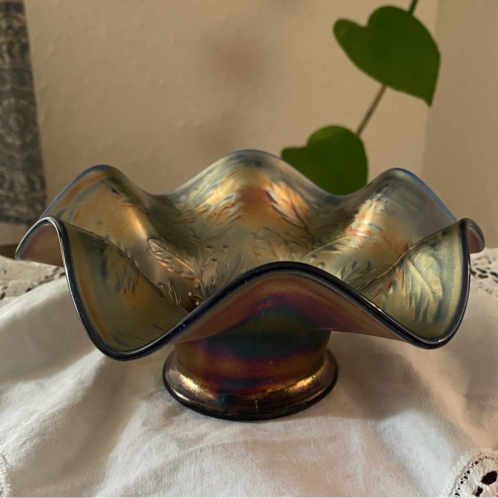 Vintage Fenton Carnival Glass Ruffled Cobalt Merigold Candy Dish